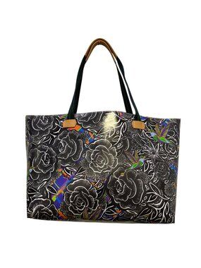 Consuela Tote Bag Black Floral Print With Green Handles & Leather Accents